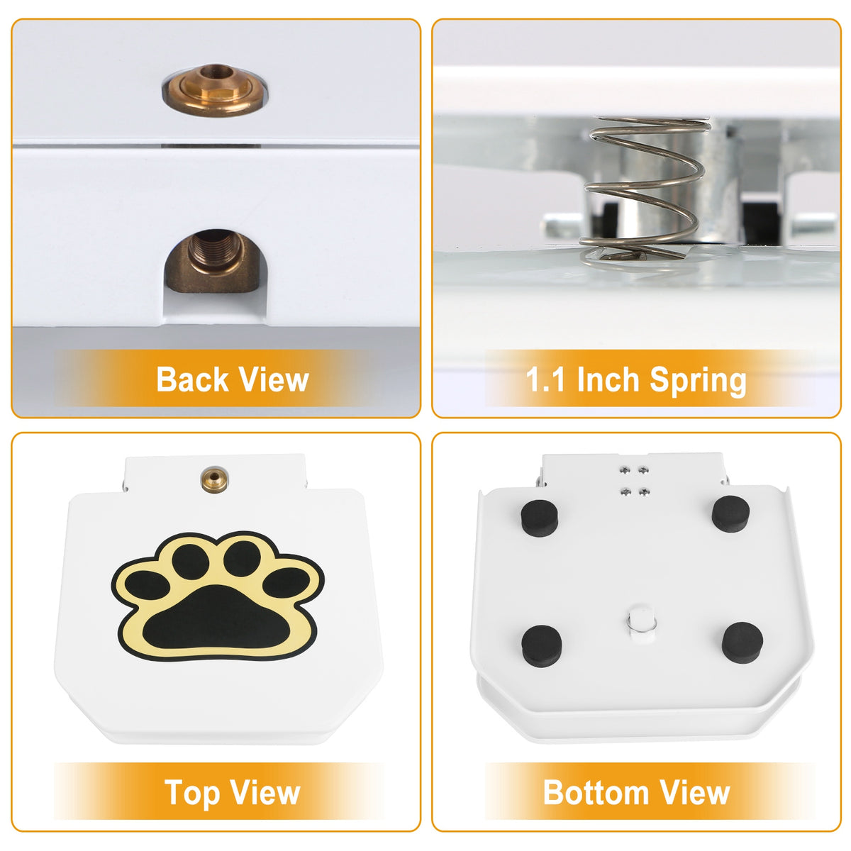 Four views of the white paw-print step-on dog water fountain: back, spring, top and underside