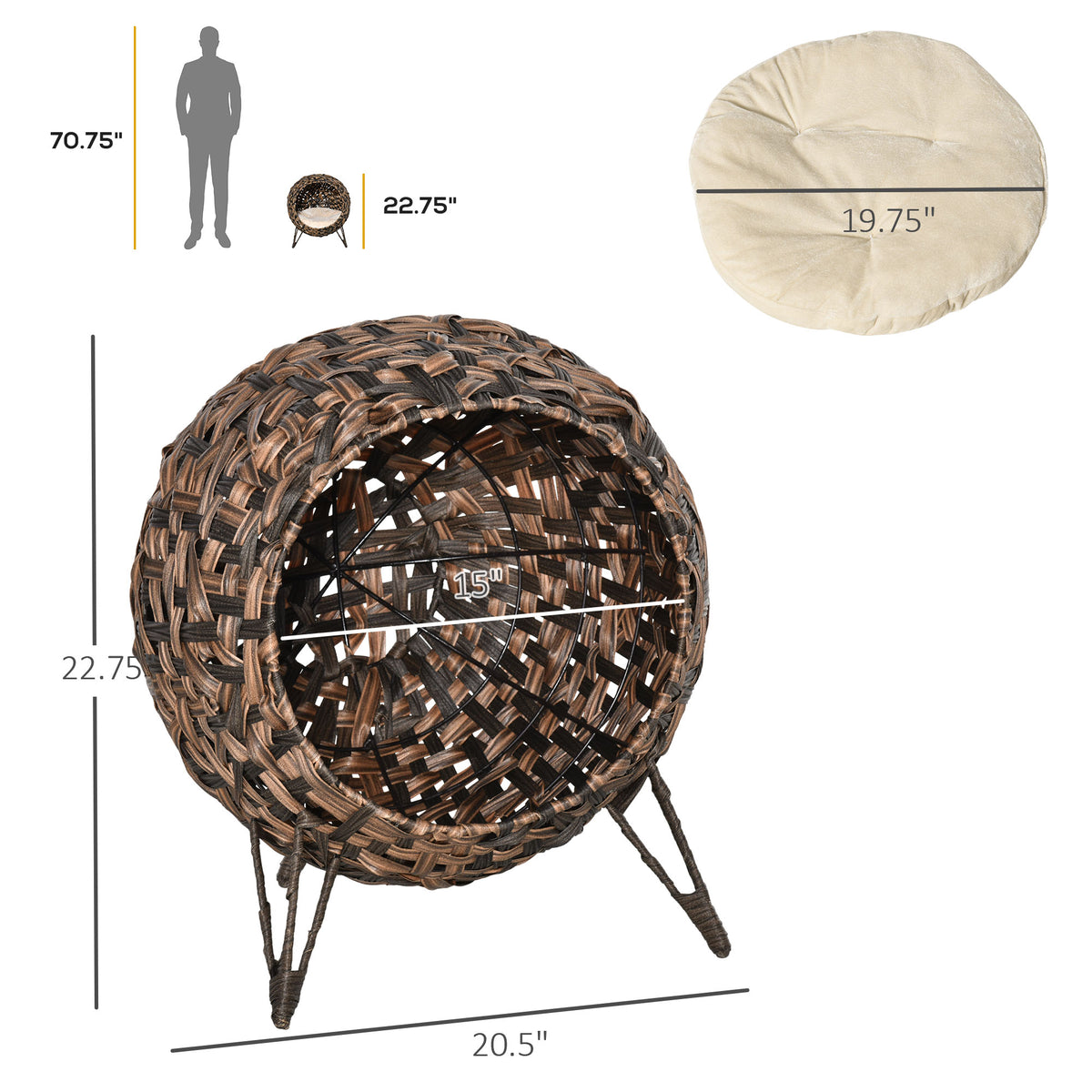 Dimension diagram of the dark woven ball-shaped cat bed on metal legs, with its round cushion
