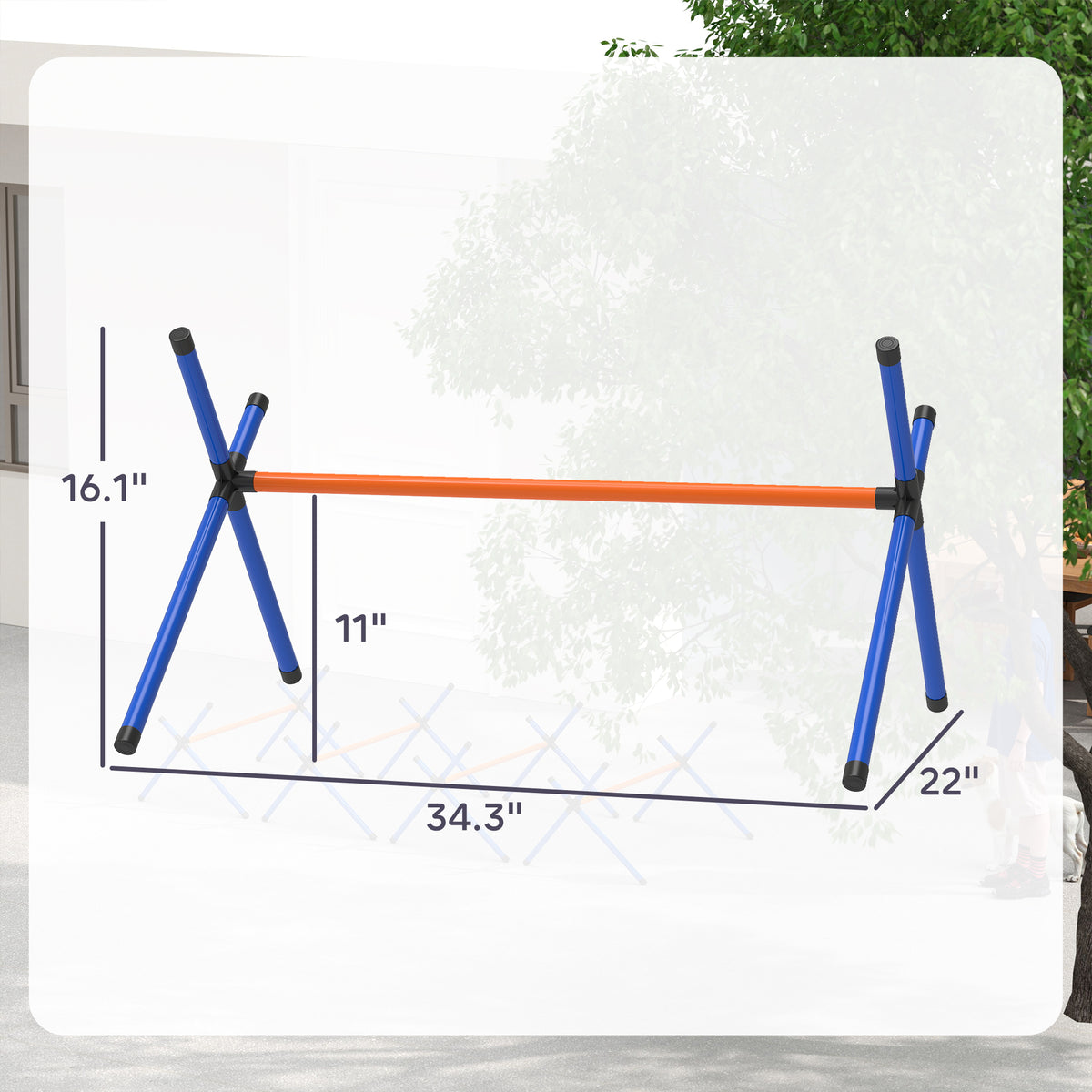 Dimension diagram of a blue and orange agility jump, 34.3 inches wide with an adjustable bar height