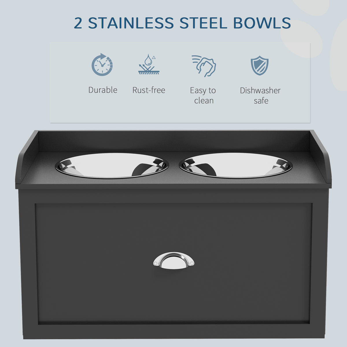 Dark gray raised dog feeder with two stainless steel bowls and icons for its rust-free, dishwasher-safe finish