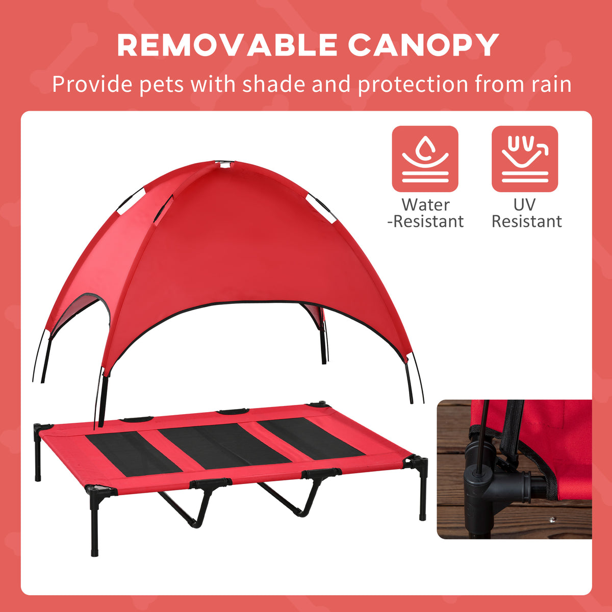 Red elevated dog cot with its removable canopy shade, marked water-resistant and UV resistant
