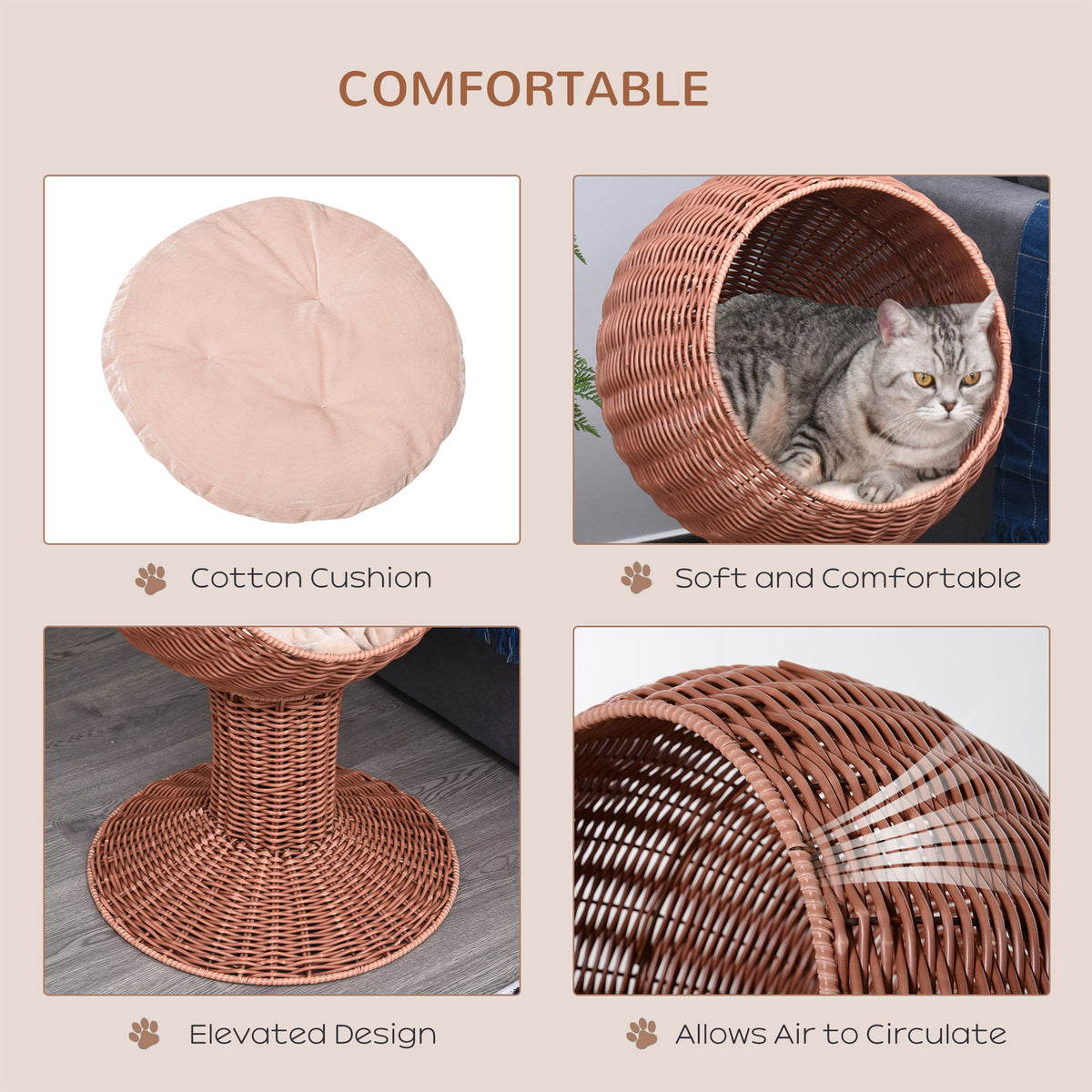 Four close-ups of the rattan egg-chair cat bed: cotton cushion, a cat inside, the pedestal and the airy weave