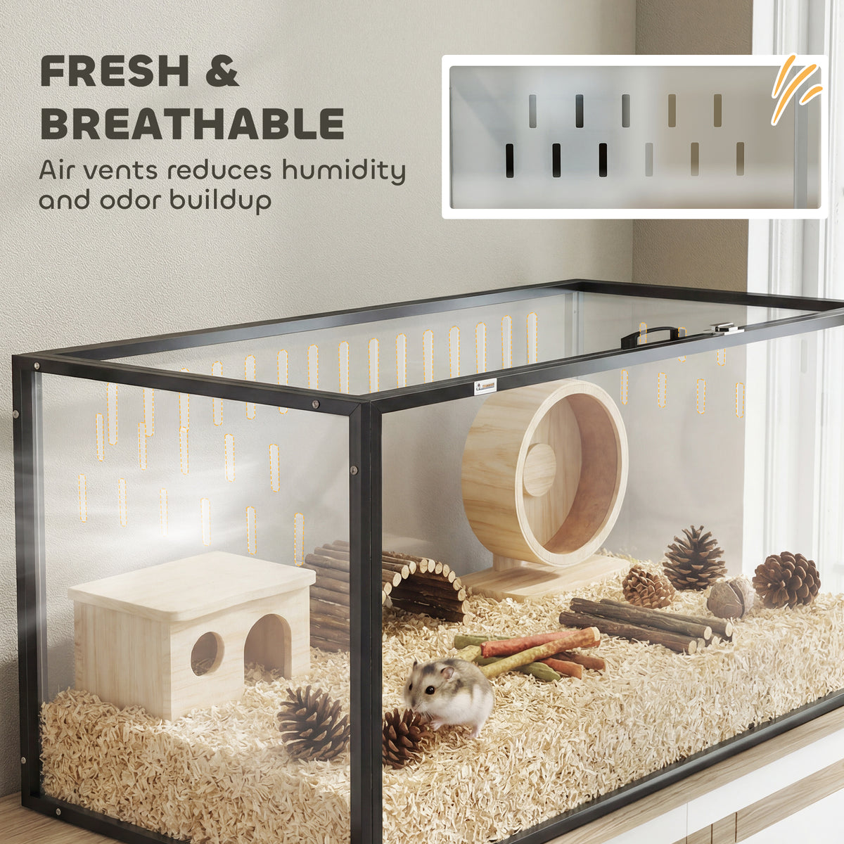 Clear acrylic hamster tank with a black frame, wooden hut, wheel and bedding, plus an air-vent close-up