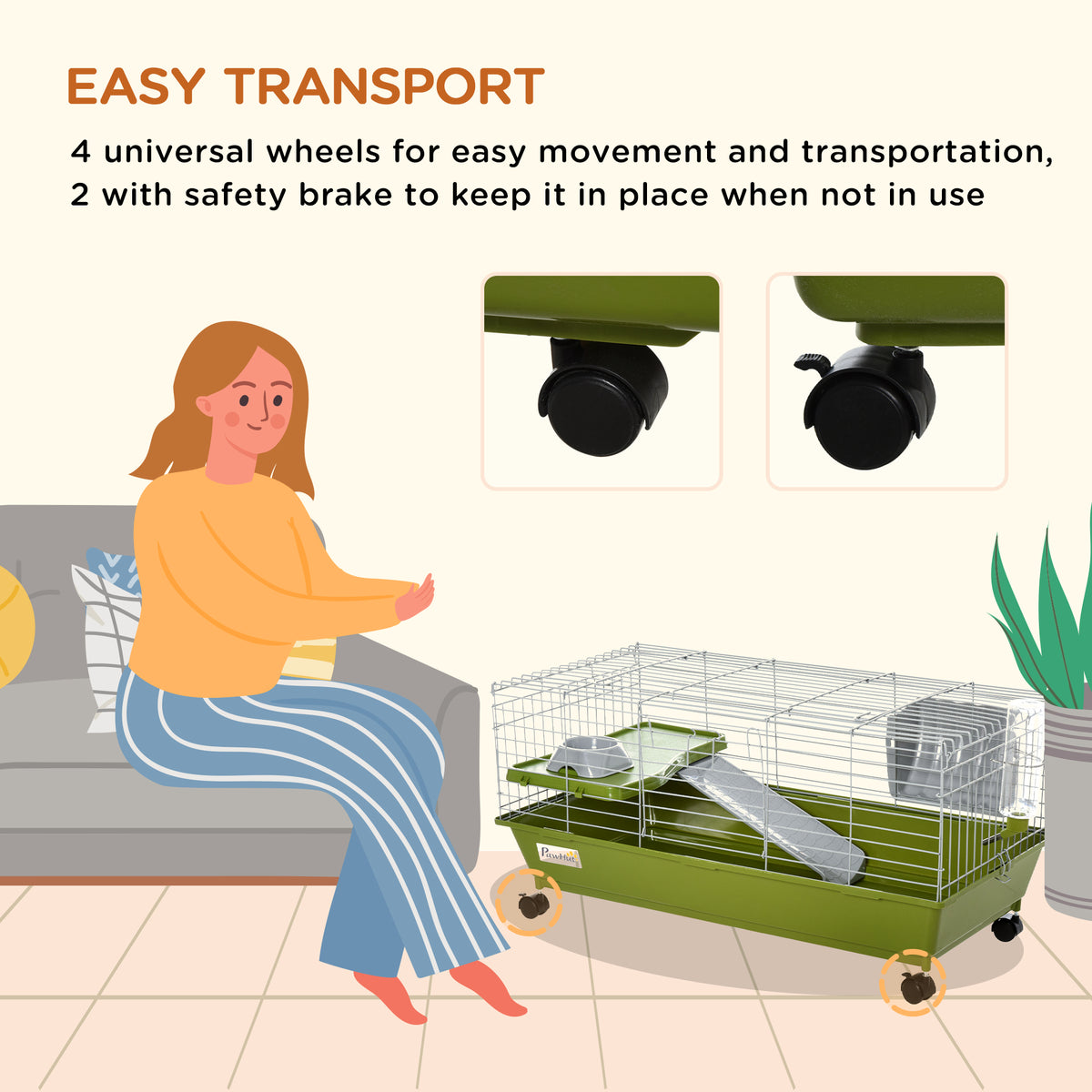 Woman sitting beside the green rolling rabbit cage, with its four swivel wheels shown close up
