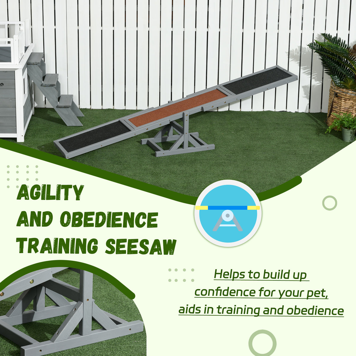 Wooden dog agility training seesaw on artificial turf, with training and obedience text