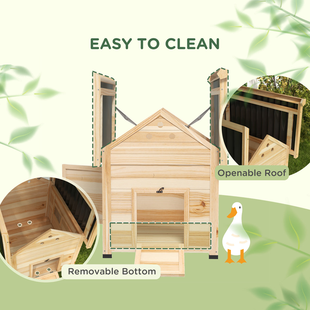 Wooden duck house with its roof lifted open and bottom panel removed for cleaning