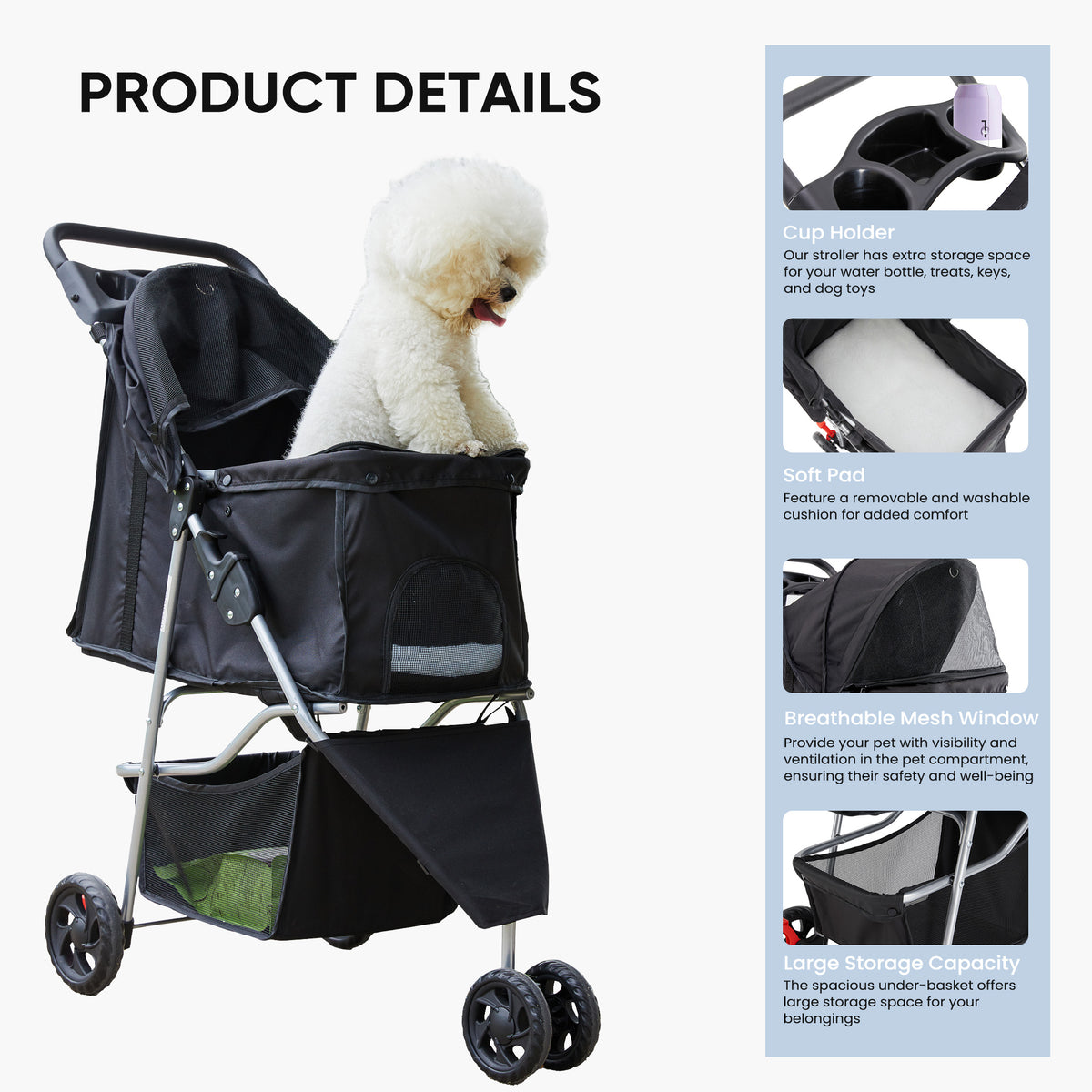 White bichon riding in the black pet stroller, with close-ups of the cup holder, pad, window and basket