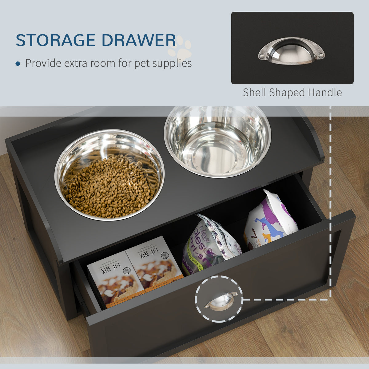 Dark gray raised dog feeder with two steel bowls and its storage drawer pulled open, holding pet supplies