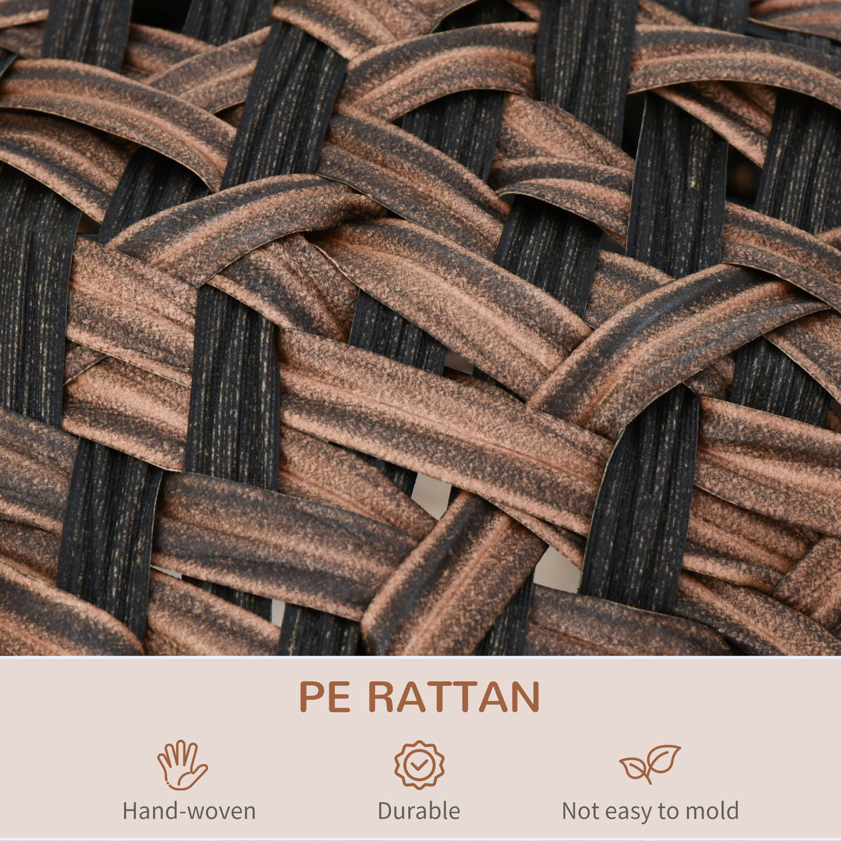 Close-up of the brown PE rattan weave on the cat bed, marked hand-woven, durable and mold-resistant