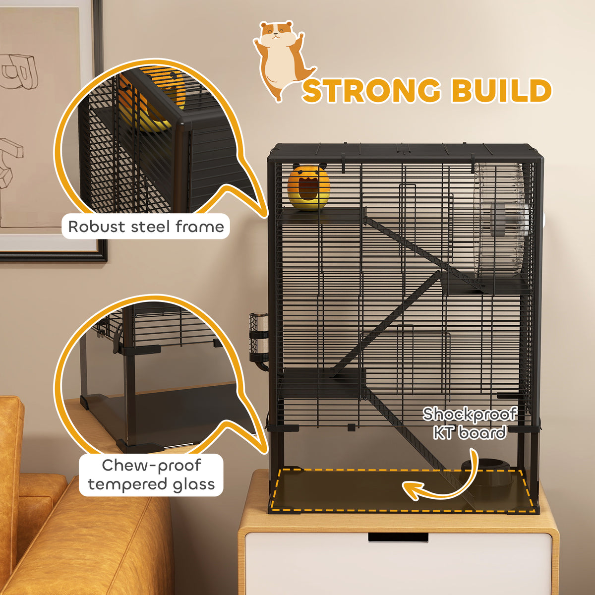 Black four-tier hamster cage with close-ups of its steel frame, tempered glass and base board