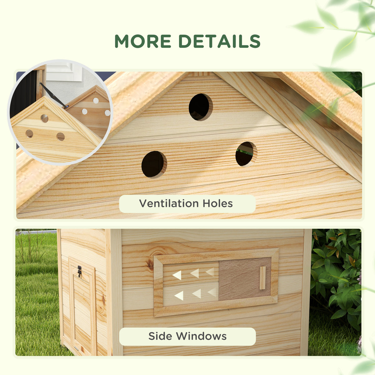 Close-ups of the wooden duck house's roof ventilation holes and sliding side windows