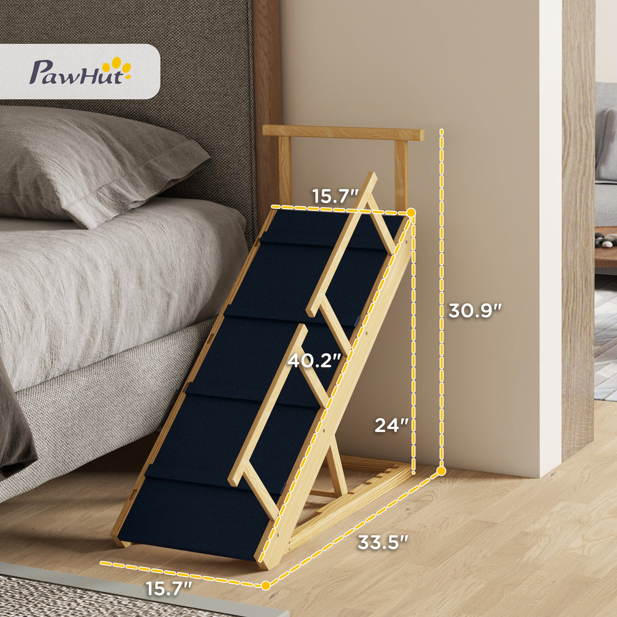 Wooden dog ramp with navy carpeted steps set against a bed, with height and length measurements