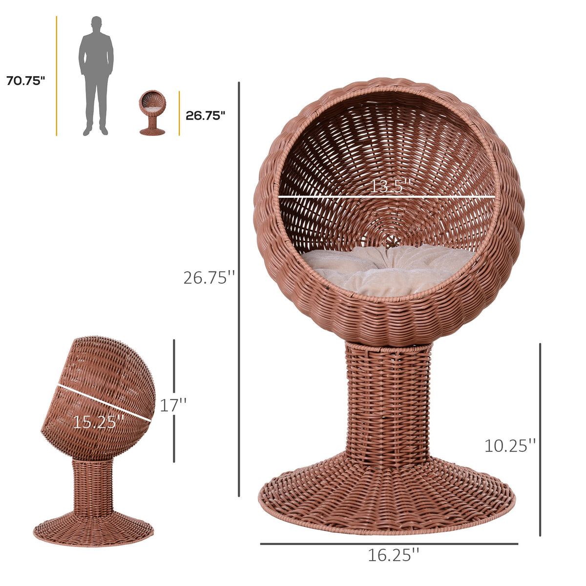 Dimension diagram of the brown rattan egg-chair cat bed on its pedestal, 26.75 inches tall
