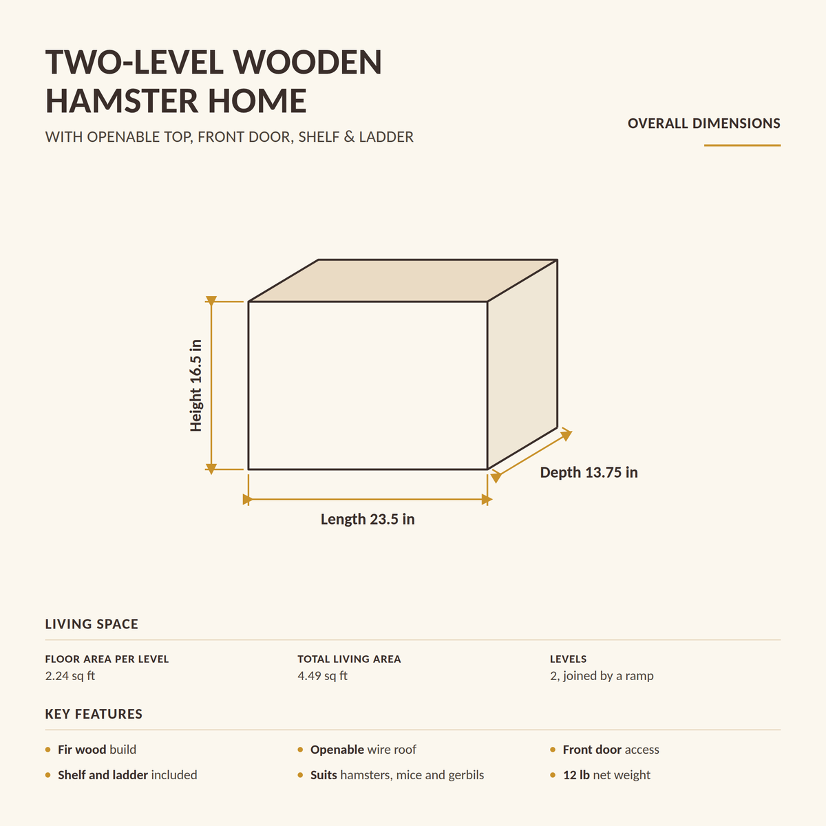 Two-level wooden hamster home dimensions: 23.5 in long, 13.75 in wide, 16.5 in high, 2.24 sq ft floor area per level and 4.49 sq ft total living area
