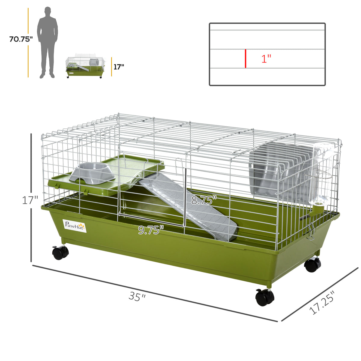 Dimension diagram of the green rolling rabbit cage at 35 by 17.25 by 17 inches, with a person for scale