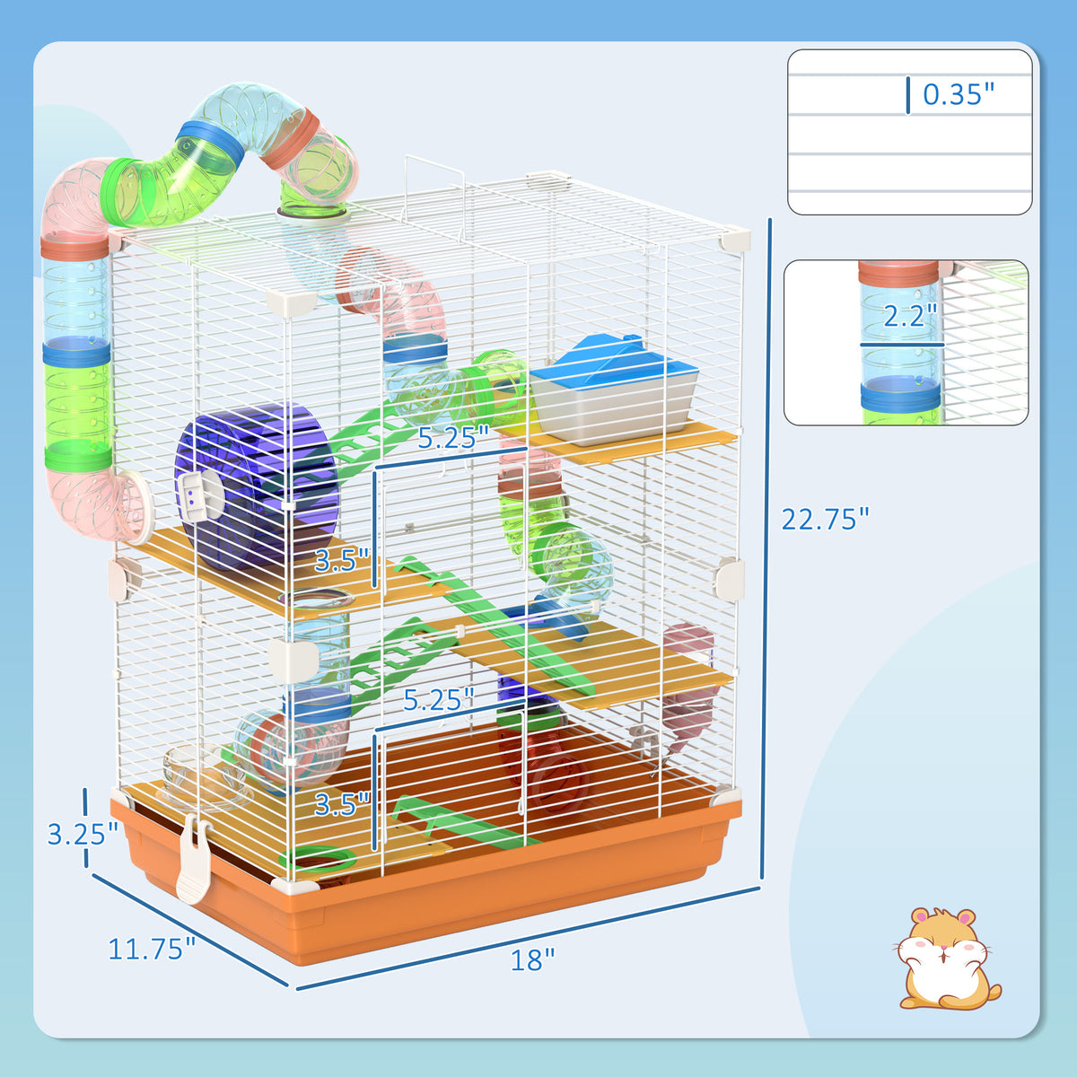 Dimension diagram of the multi-level hamster cage with tubes, 18 by 11.75 by 22.75 inches