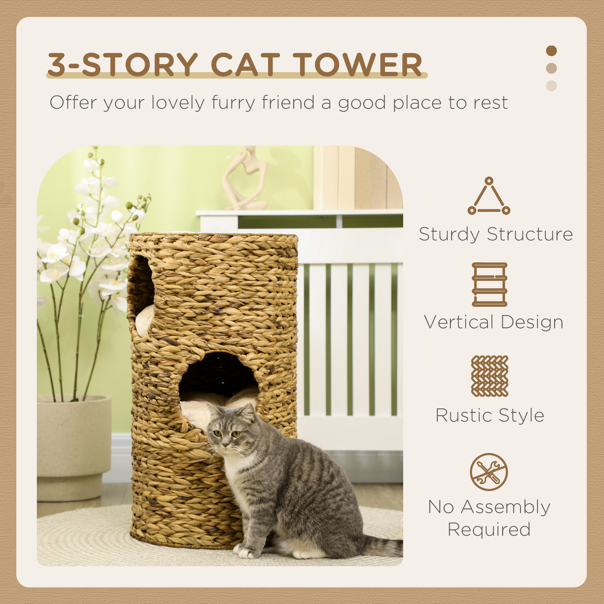 Tabby cat beside the woven three-story cat tower bed in a living room, with feature icons