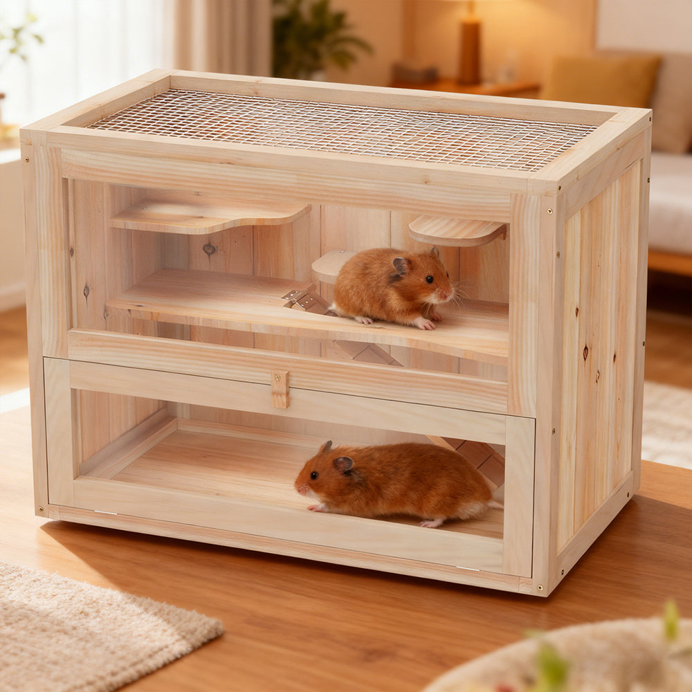 Two ginger hamsters in the fir-wood two-level cage, one on each floor