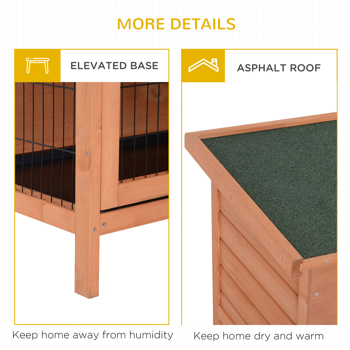 Close-ups of the rabbit hutch's elevated legs and its green asphalt roof
