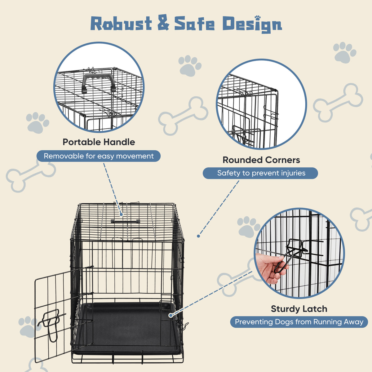Diagram of the black wire crate's portable handle, rounded corners and sturdy door latch