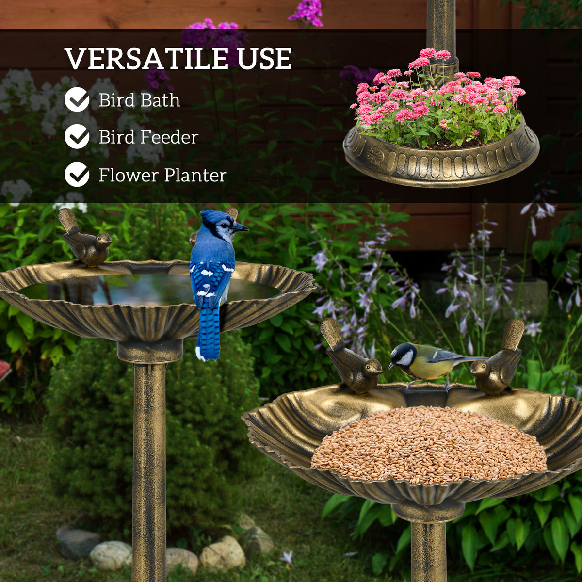 Bronze bird bath used three ways: as a bath with a blue jay, as a seed feeder, and as a flower planter