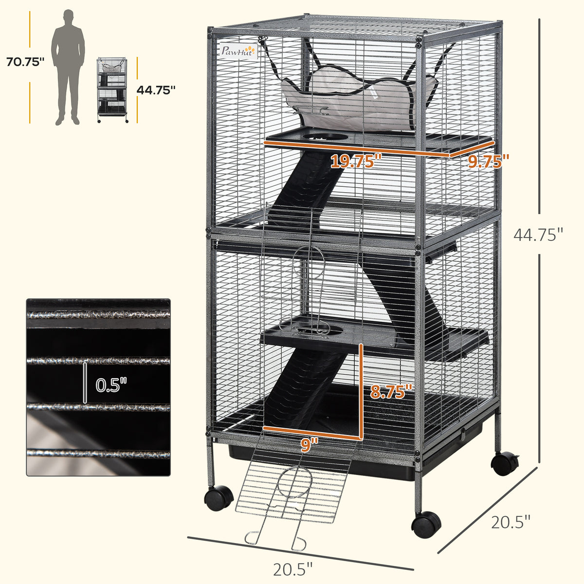 Dimension diagram of the black rolling ferret cage at 44.75 by 20.5 by 20.5 inches, with a person for scale