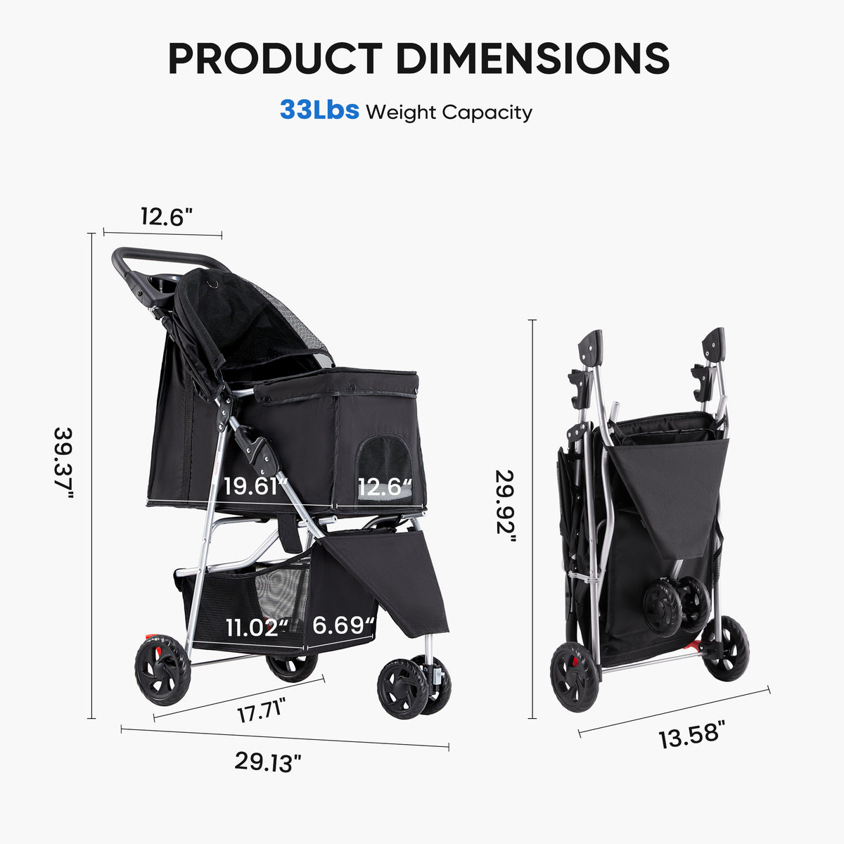 Dimension diagram of the black three-wheel pet stroller open and folded, rated to 33 lb