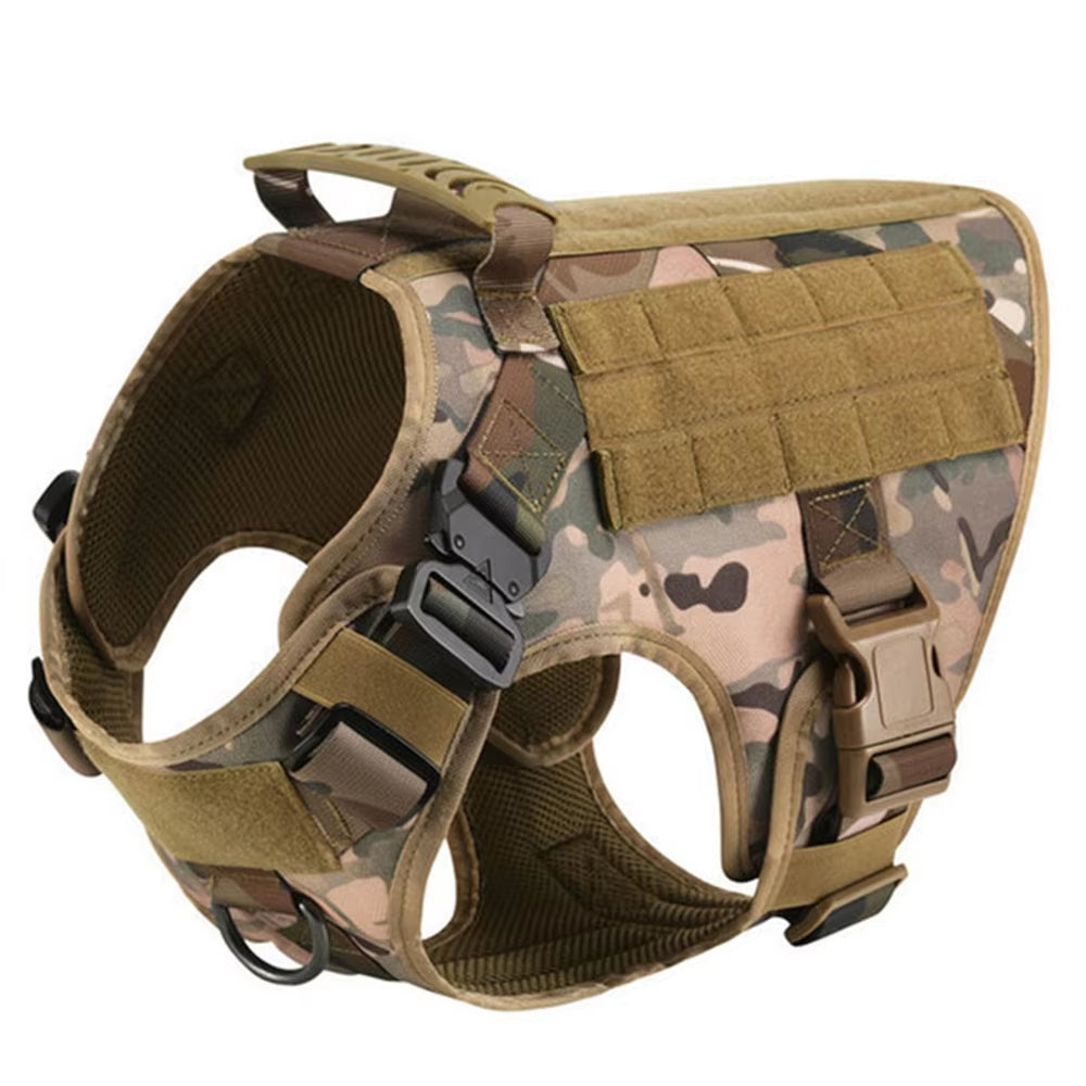 Tan camo tactical dog harness with a padded chest plate, side buckles and a top handle