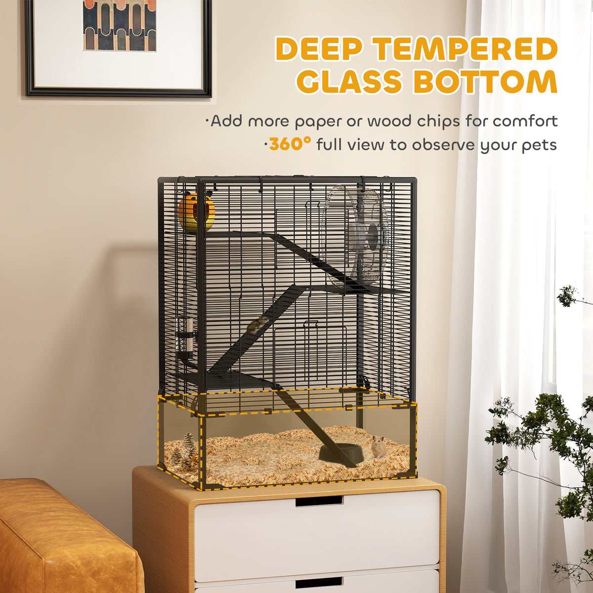 Black four-tier hamster cage with a deep tempered glass base, standing on a cabinet in a living room
