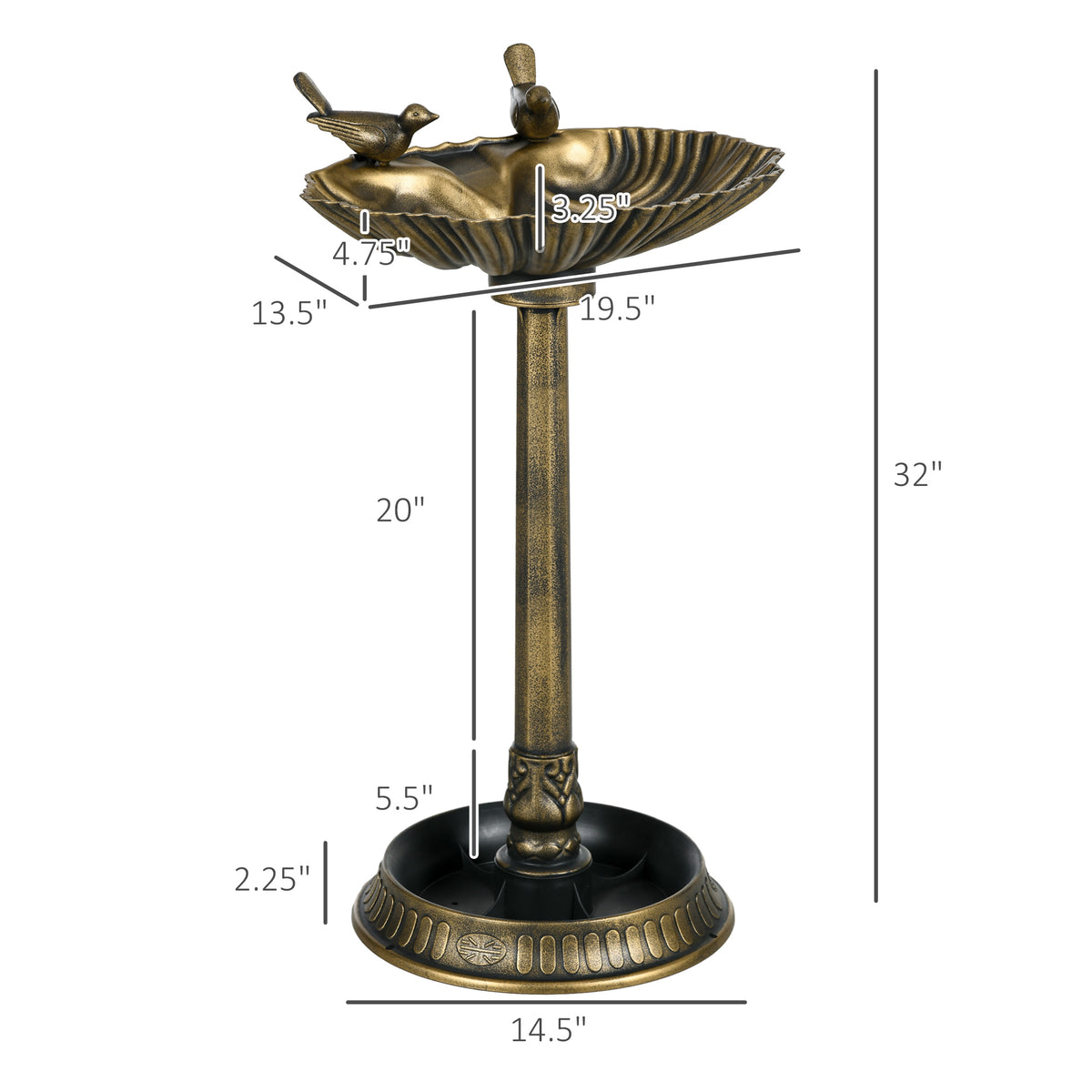 Dimension diagram of the bronze pedestal bird bath at 32 inches tall with a 19.5 inch basin