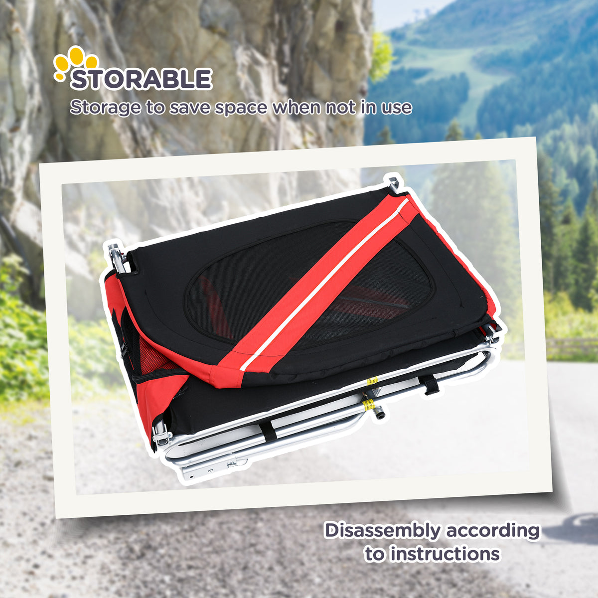 The red and black dog bike trailer folded flat for storage