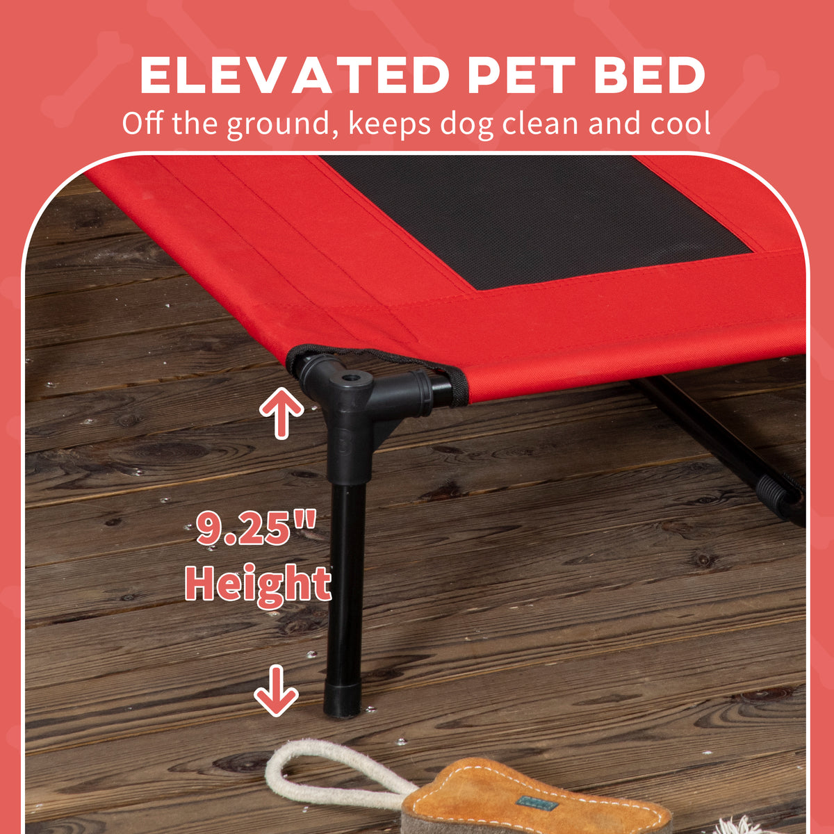 Red elevated dog bed on decking, with its 9.25 inch height above the ground marked