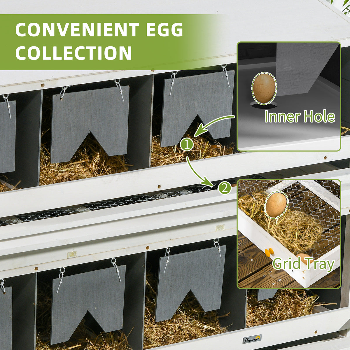 Close-up inside the metal nesting box showing the egg roll-away hole and grid tray under straw