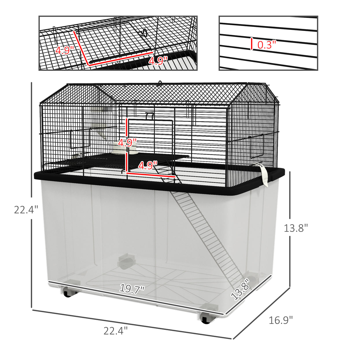 Dimension diagram of the black wire hamster cage with a clear deep base, 22.4 by 16.9 inches
