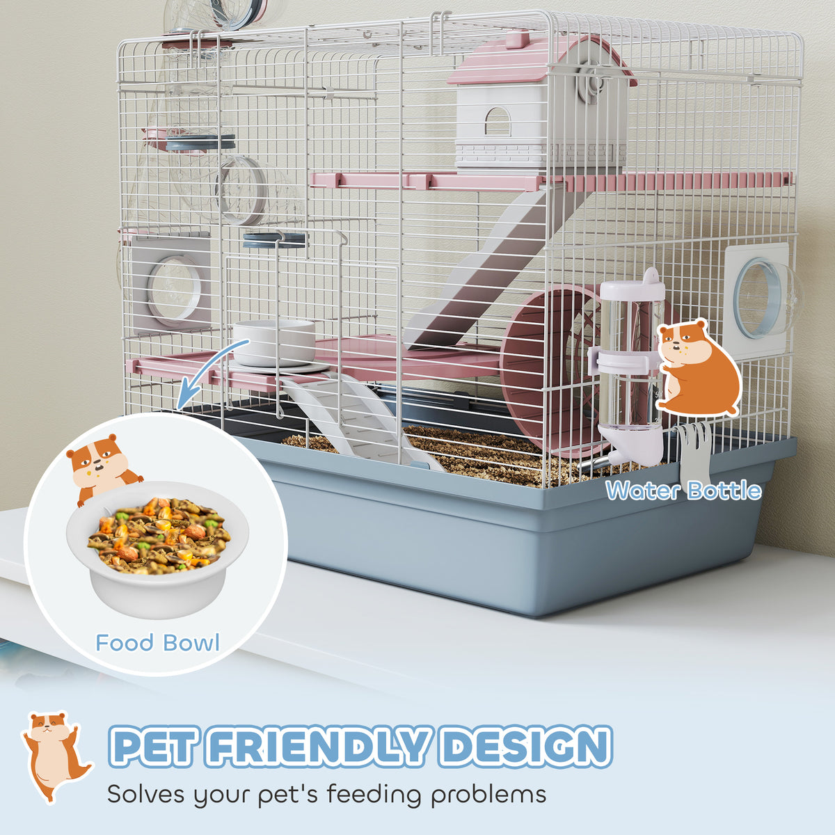 White and pink hamster cage with close-ups of its food bowl and clip-on water bottle