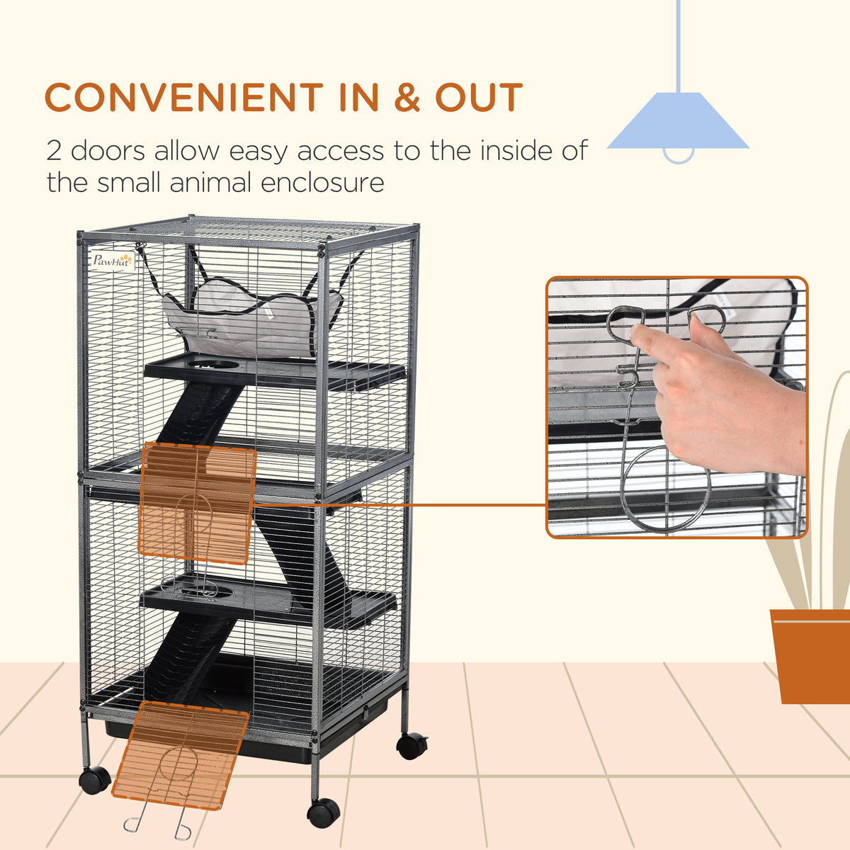 Illustration of the tall black small-animal cage with two doors open for access to the inside