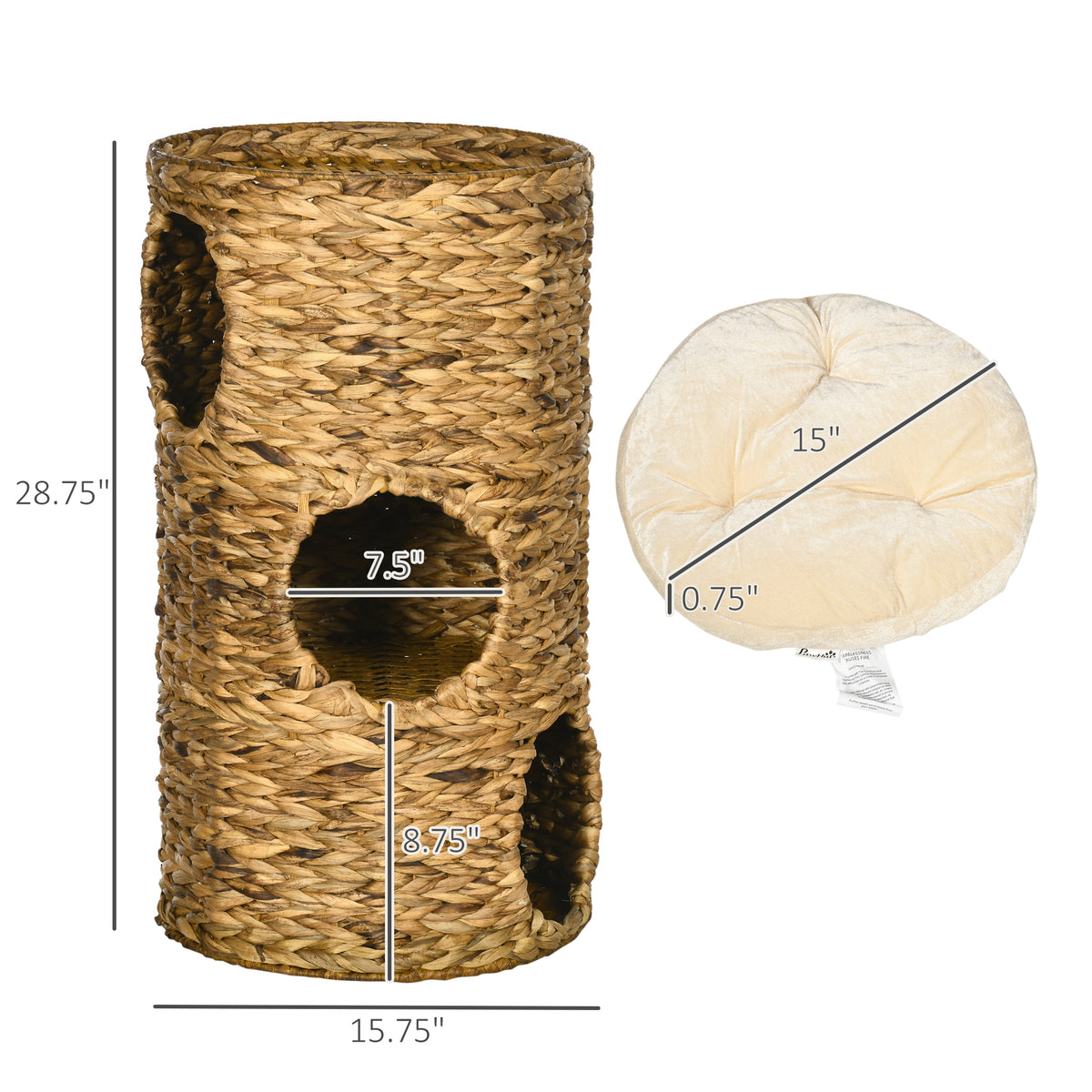 Dimension diagram of the woven cat tower bed at 28.75 inches tall with a 15 inch cushion