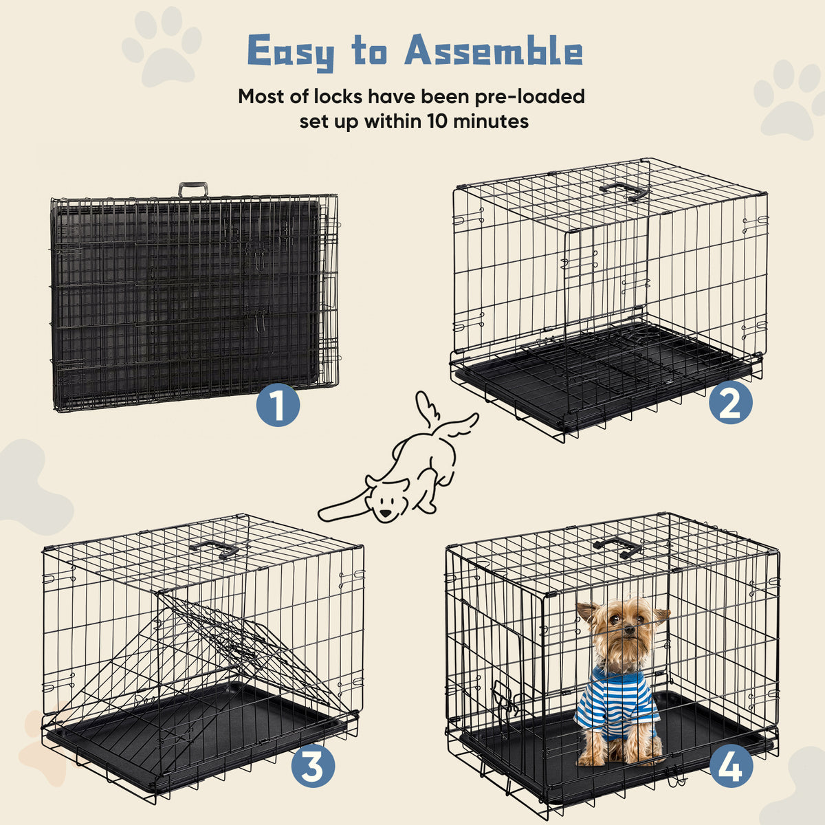 Four-step assembly diagram for the black folding wire dog crate, with a small terrier inside at the last step