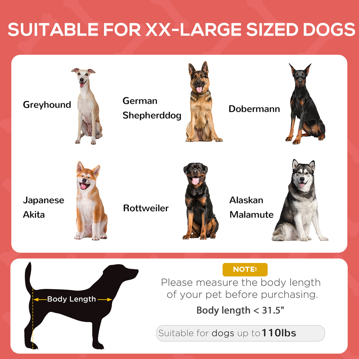 Chart of six large dog breeds suited to the cot, with a body-length guide for dogs up to 110 lb