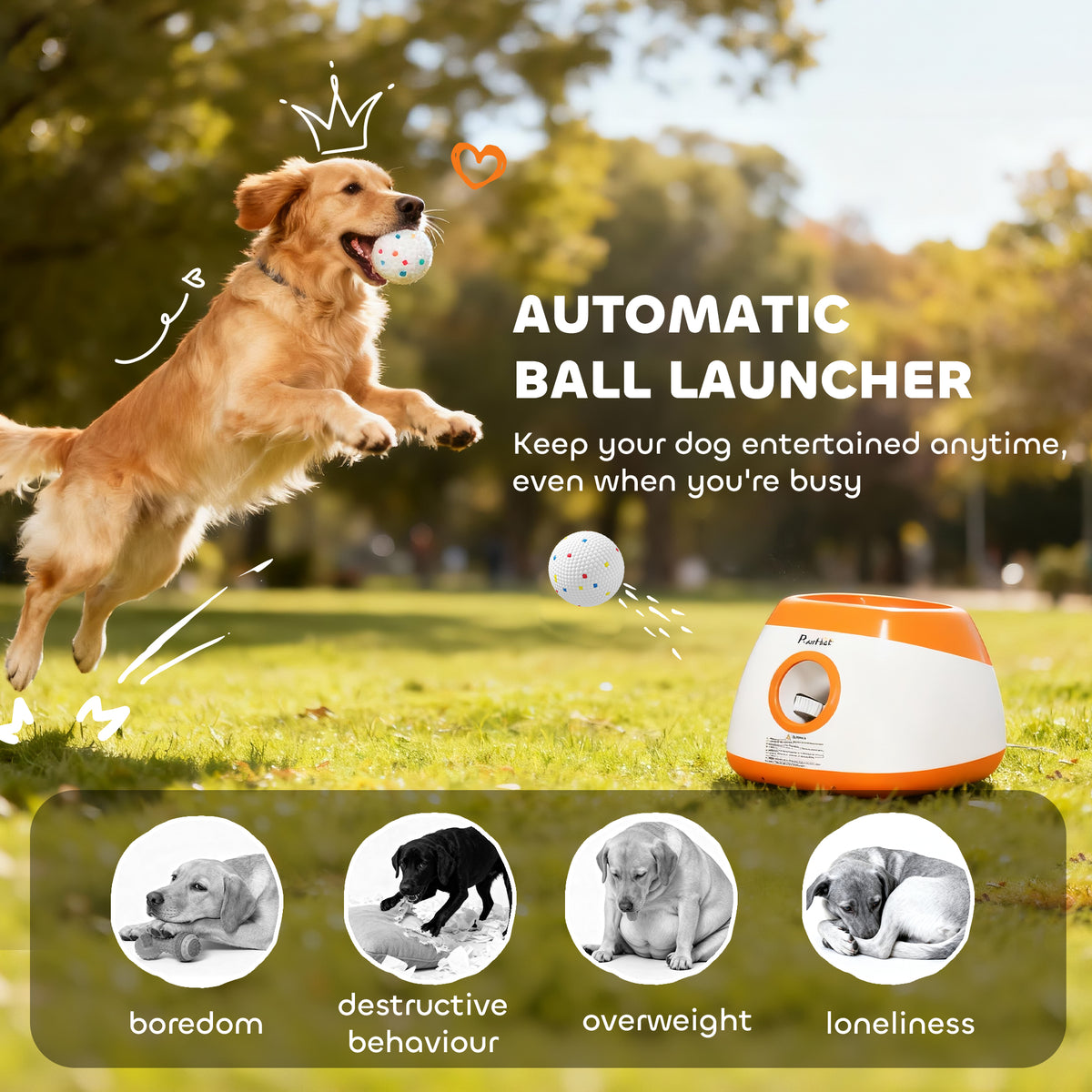 Automatic ball launcher on grass as a golden retriever leaps for the ball, with dog-boredom icons below
