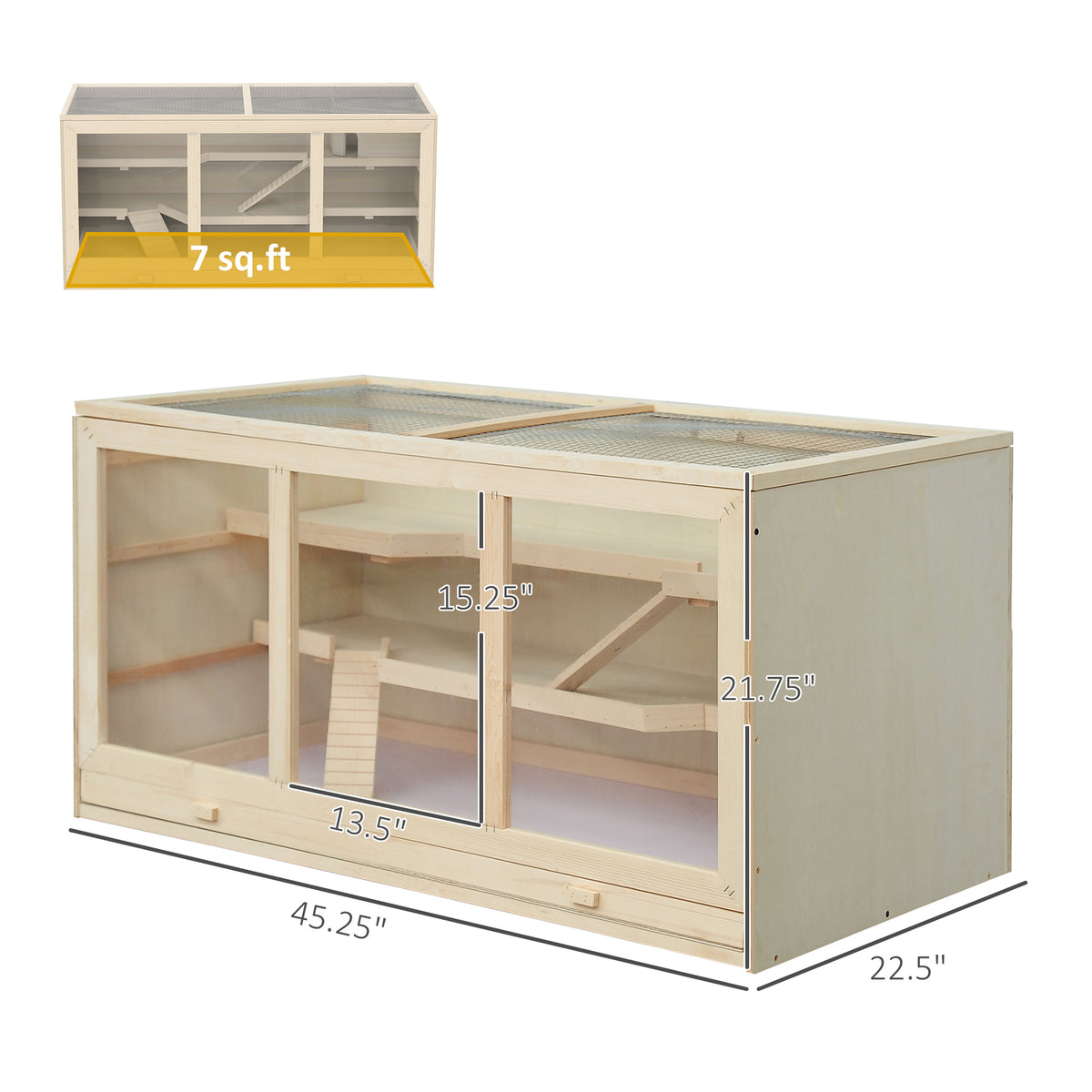Dimension diagram of the long wood and acrylic hamster cage at 45.25 by 22.5 by 21.25 inches