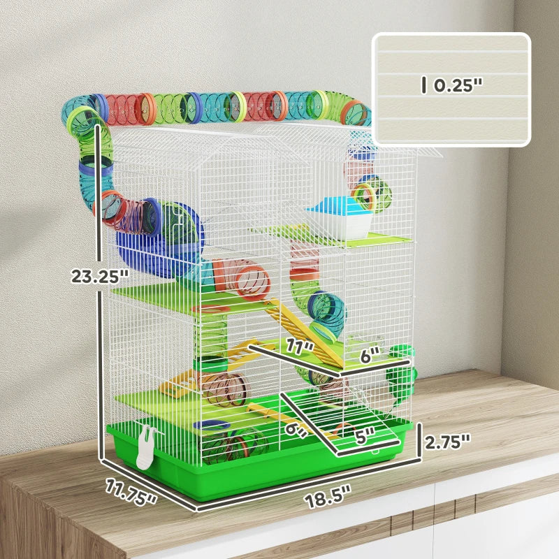 Dimension diagram of the colorful tube hamster cage on a green base, 18.5 by 11.75 by 23.25 inches