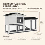 Two-story white rabbit hutch overall dimensions: 62 in total length, 36.75 in total height, 20.75 in total depth