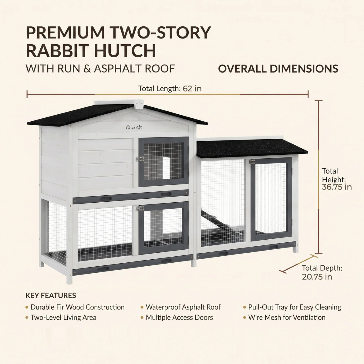 Two-story white rabbit hutch overall dimensions: 62 in total length, 36.75 in total height, 20.75 in total depth