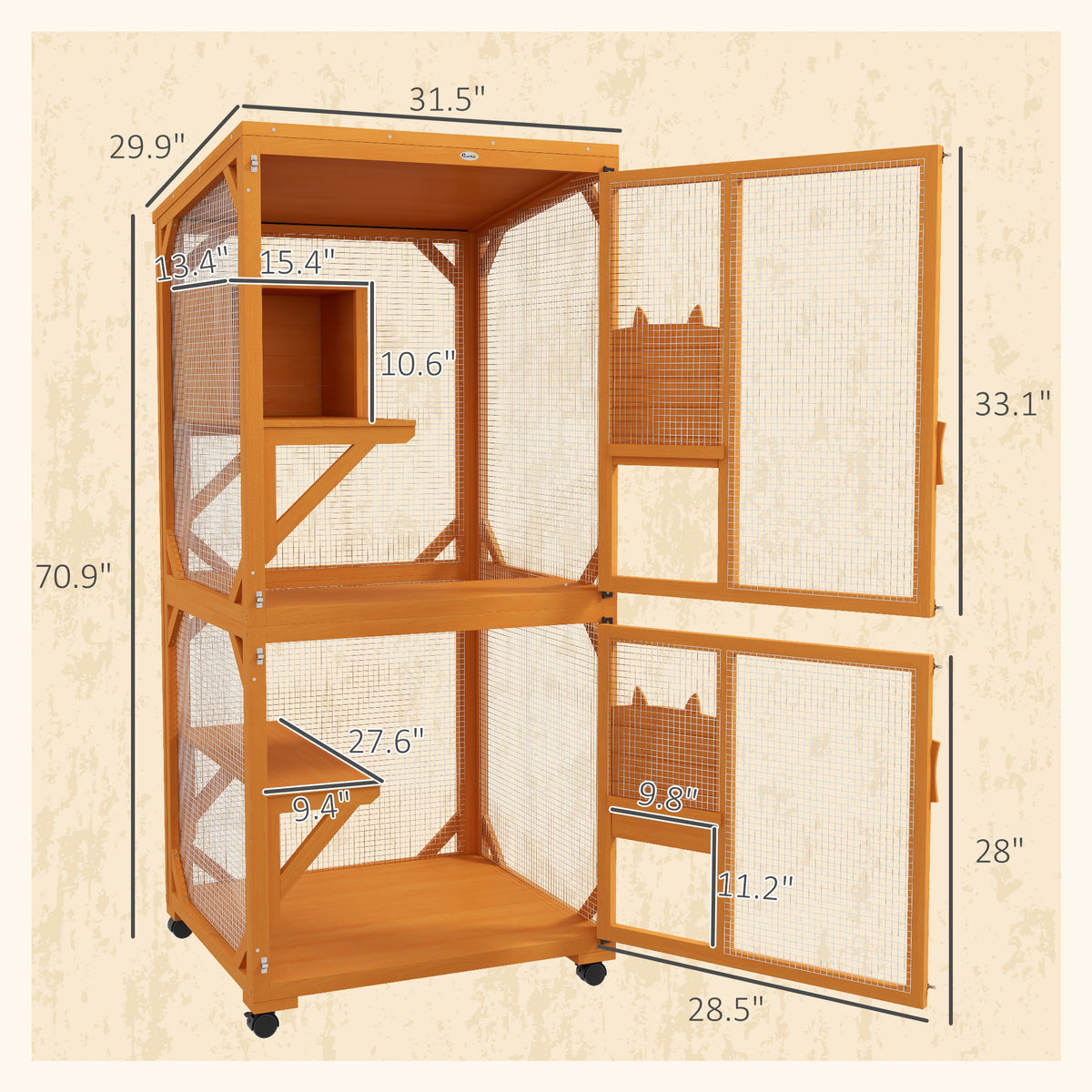 Dimension diagram of the wooden rolling cat catio at 31.5 by 28.5 by 70.9 inches
