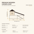 Wooden chicken coop side elevation: 69.25 in total length, 43.5 in total height, with a 36.5 in run box under the house and a 30.25 in side run box, plus living house, nesting box and ramp sizes