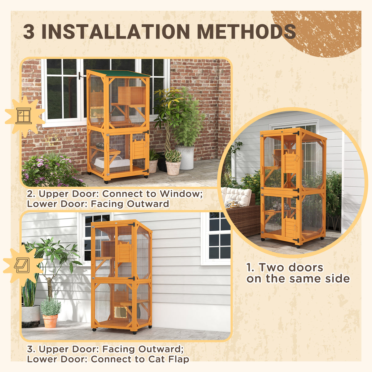 Three ways to set up the wooden catio doors: facing outward, to a window, or to a cat flap