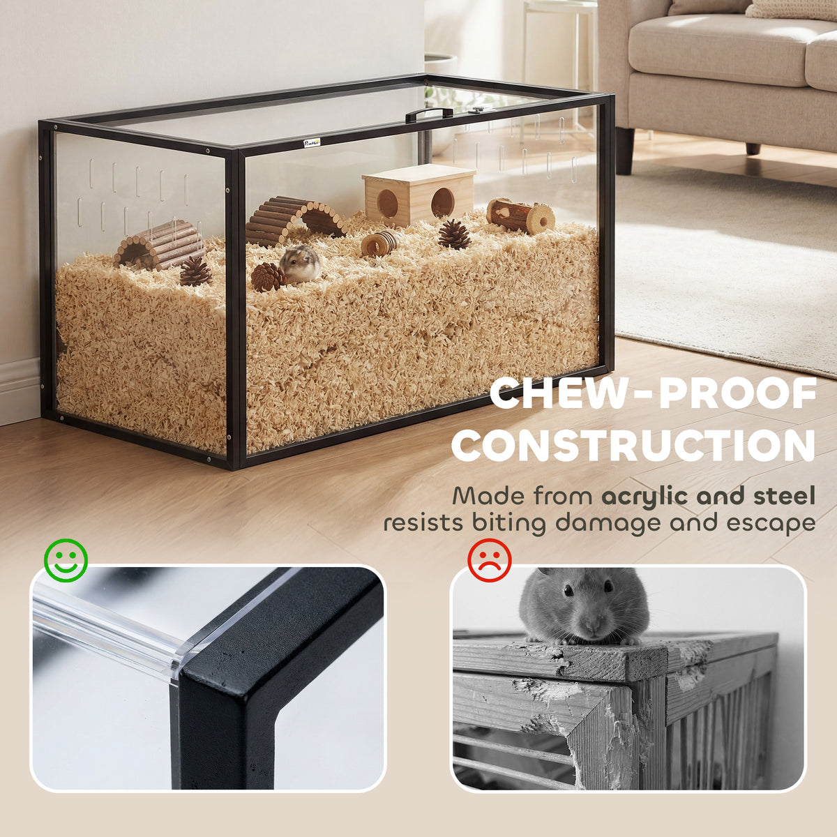 Acrylic and steel hamster cage in a living room, with close-ups comparing a chew-proof and a chewed corner