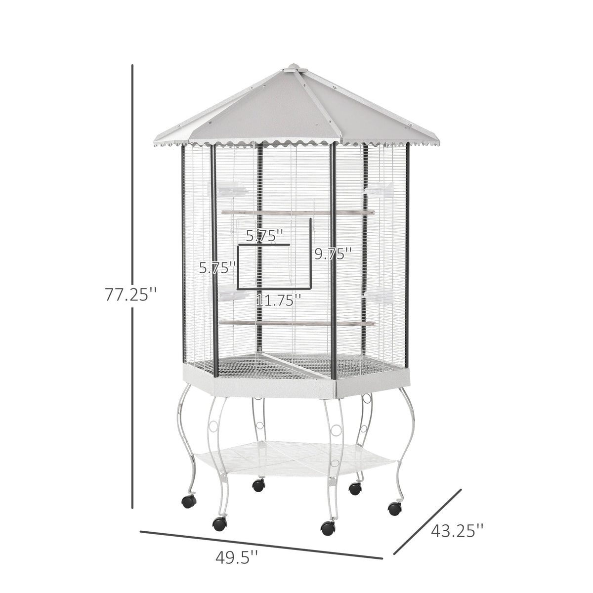 Dimension diagram of the white hexagonal bird aviary on its stand, 77.25 inches tall