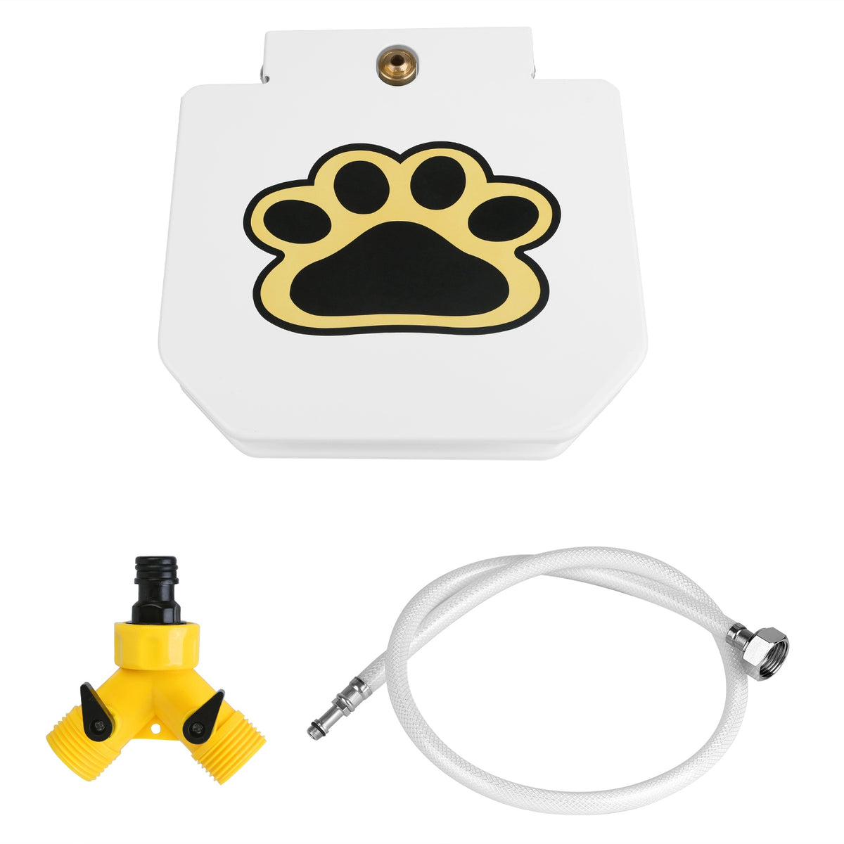 White paw-print step pedal for the dog fountain, with the yellow hose splitter and clear hose it connects to